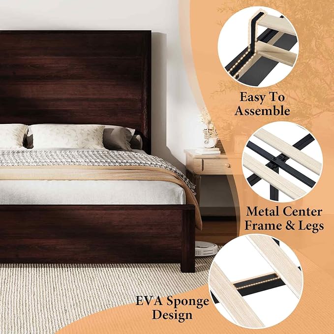 AMERLIFE King Size Bed Frame with 51.2" Spliced Headboard, Rustic Bedframe Wood Platform Bed/Wood Slats Support, No Box Spring Needed, Noiseless, Dark Brown