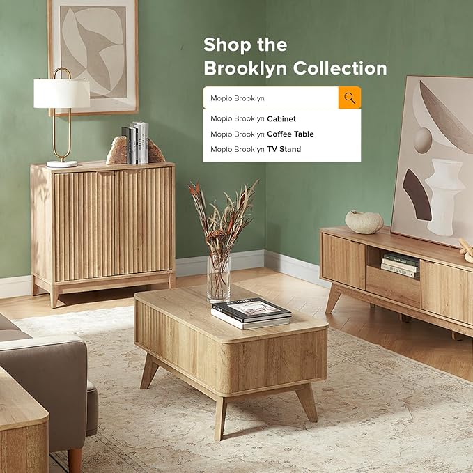 mopio Brooklyn Storage Cabinet, Modern Farmhouse Entryway Accent Case, Buffet Sideboard, Console Table, Credenza, Wood Modular Organizer with Doors & Shelf, Fluted Panel Cupboard (Oak, Set of 2)