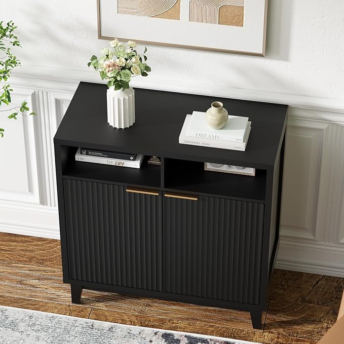 Buffet Cabinet with Storage - Elegant Fluted Storage Cabinet with Adjustable Shelves and Solid Wood Leg, Modern Buffet Sideboard for Living Room, Dining Room, Entryway