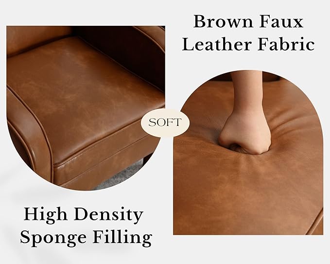 Brown Faux Leather Accent Chair Set of 1, Mid Century Modern Upholstered Arm Chair with Wooden Legs, Comfy Reception Office Club Reading Chairs Side Lounge Chairs for Living Room Bedroom