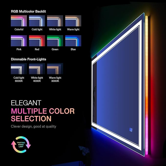 40x30 Inch RGB LED Bathroom Mirror with Lights, Color Changing RGB Backlit LED Mirror for Bathroom,Lighted Vanity Mirrors for Bathroom Wall, Dimmable, Anti-Fog (RGB Backlit+Front-Lit)
