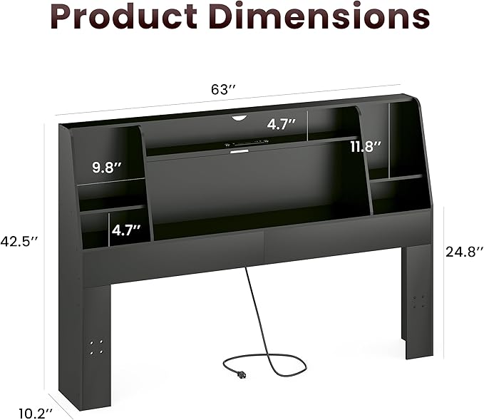 Queen/Full Headboard Queen Size with Storage, Wood Bookcase Headboard with Charging Station & 2 LED Lights, Modern Headboard Only for Queen Size Bed, Noise-Free, Sturdy and Durable, Black