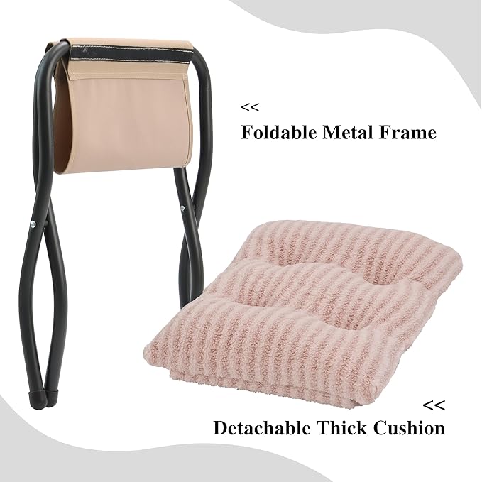 15"(H) Folding Ottoman, Foldable Footrest Stool, Portable Small Foot Stool for Couch, Collapsible Foot Rest Ottoman for Sofa, Accent Padded Ottomans for Living Room, Bedroom, Stripe Pink
