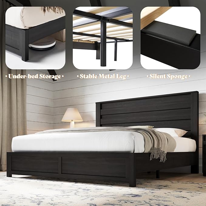 AMERLIFE Farmhouse King Size Bed Frame with 49" Fluted Headboard, Wood Platform Bed with Natural Grain, No Box Spring Needed/Noise Free, Black