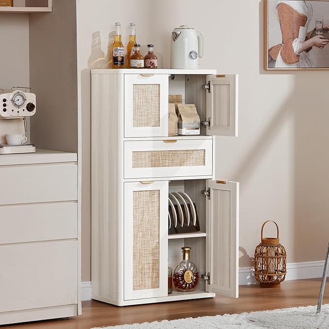 LEYAOYAO 48" Tall Storage Cabinet,Rattan Bathroom Floor Cabinets with 2 Doors & 1Drawer,Boho Kitchen Pantry with Adjustable Shelves,Wooden Cupboard for Living Room,Home Office,Dining,White Cream Oak