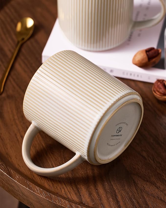 famiware Coffee Mug Set for 6, Star 16 oz Catering Mugs Cup Set with Handle for Coffee, Tea, Cocoa, Milk - Ceramic Stoneware Drinkware Set, Cappuccino White
