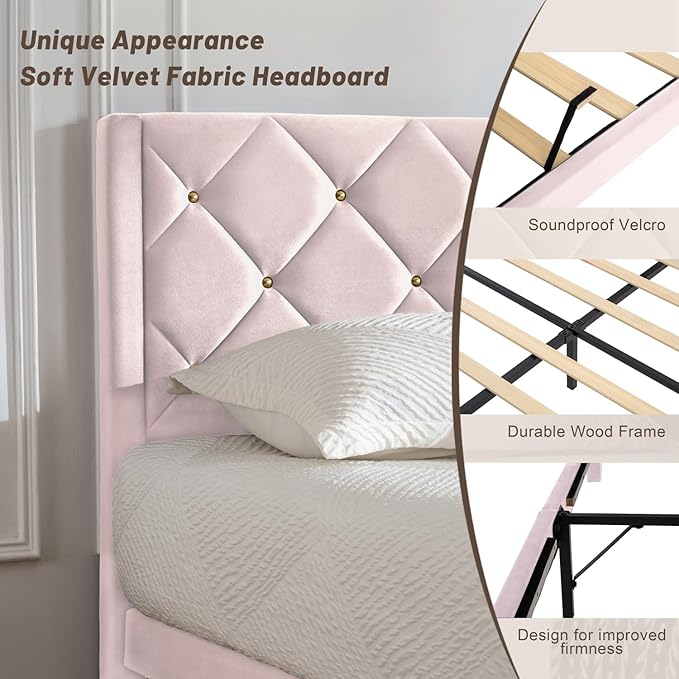 Full Size Platform Bed Frame with Velvet Upholstered Headboard and Sturdy Wooden Slats Support,Mattress Foundation，Easy Assembly, No Box Spring Needed,Slip Resistant (Pink, Full)