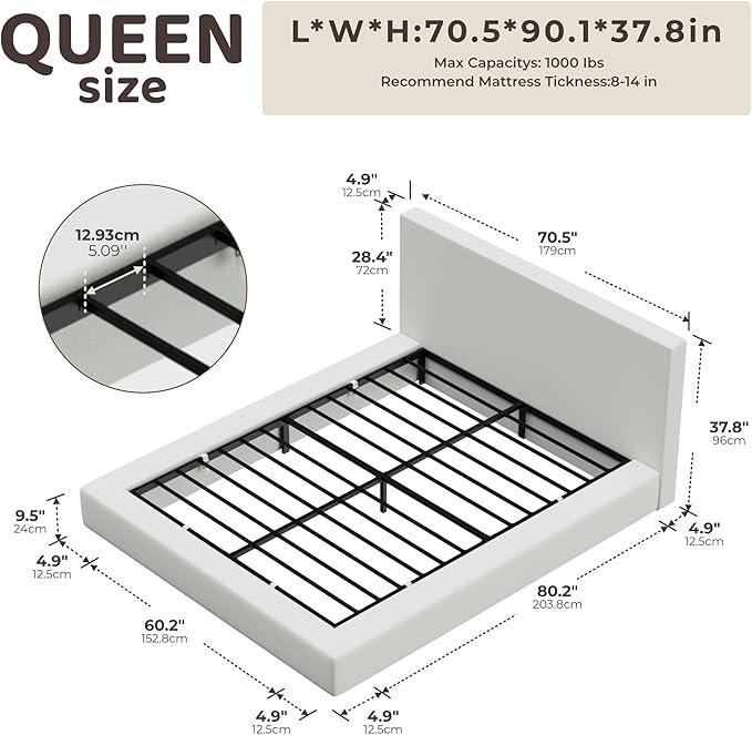 RECCI Cloud Upholstered Queen Bed Frame with Headboard, 5 Inch Foam Padded Platform, No Box Spring, Easy Assembly (Off-White)