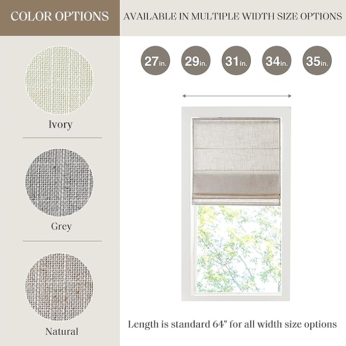 Madison Park Kyler Cordless Roman Shades - Single Panel, Lightweight Linen Blend Fabric, Natural Design, Easy Installation, Light Filtering Window Blind, Bedroom, Living Room Decor 27"W x 64"H Natural