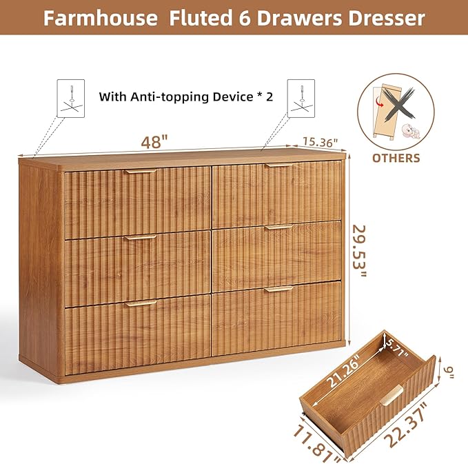 LEYAOYAO Fluted 6 Drawers Dresser for Bedroom, 48" Wide Modern Chest of Drawers with Metal Handle, Brown Curved Profile Farmhouse Closet Organizer Wood Dressers TV Stand for Living Room, Hallway