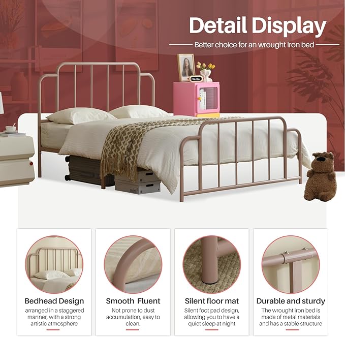 PINJU Metal Platform Bed Frame with Headboard and Footboard, Classic Style, Sturdy Metal Slats, No Box Spring Needed, Easy Installation (Pink, Queen)