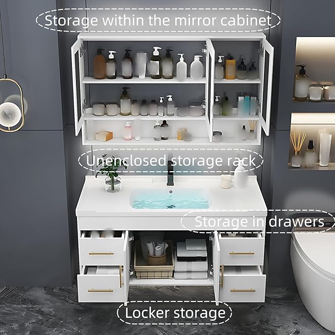 72IN Modern Bathroom Vanity - LED Intelligent Mirror Cabinet Includes Time Display & Defogging | Bathroom Cabinet with Sink & Open Storage Compartments, Ceramic Washbasin, 4 Drawers (Style A)