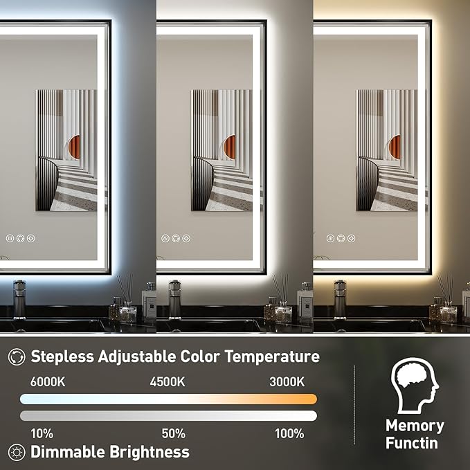 28X36 Inch Framed LED Lighted Bathroom Mirror,Backlit and Front Wall Mounted Black Metal Vanity Mirrors with Lights,Double LED Dimmable Illuminated & 3 Colors Temperature Anti-Fog Mirror