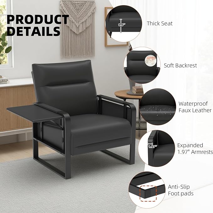 Upholstered Accent Sofas Set of 2, Modern Faux Leather Sofa Chairs with Foldable Side Tray Table & Storage Pocket, Small Accent Sofas for Living Room, Bedroom, Black