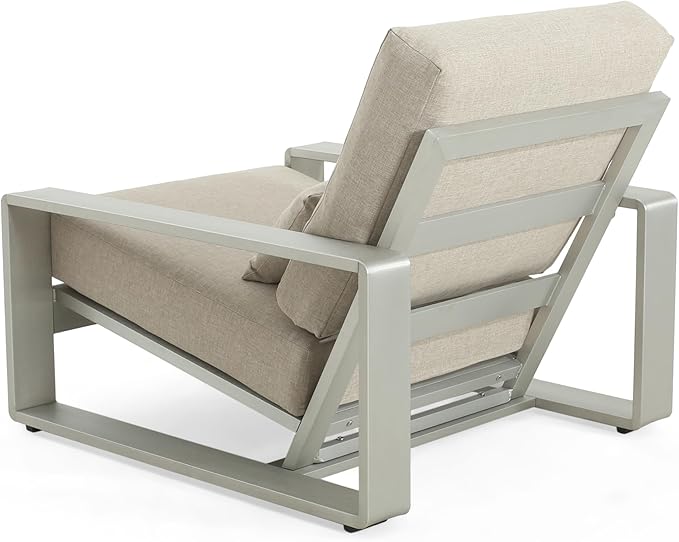 Christopher Knight Home Aspen Outdoor Aluminum Club Chair, Durable Aluminum Lounge Chair, Armchair with Cushions, Metal Accent Chair, Tilt Backrest Recliner for Backyard, Garden, Balcony, Silver+Beige