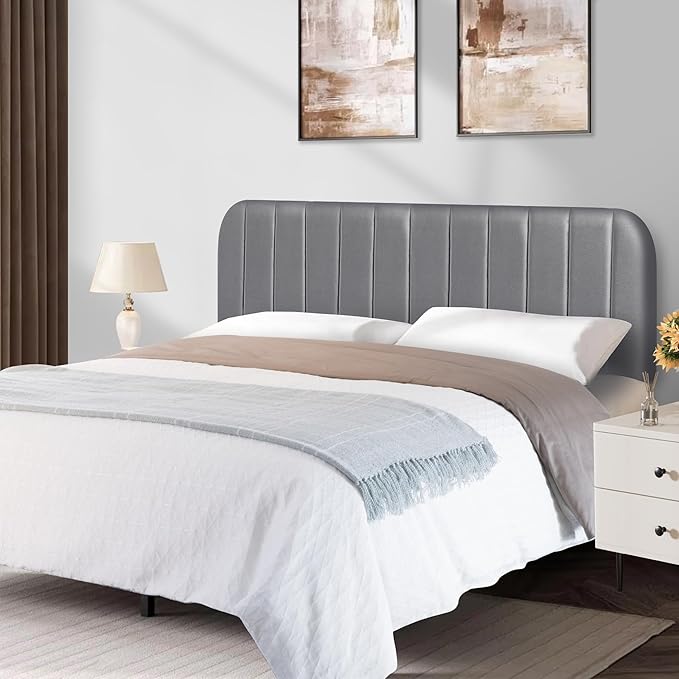 Upholstered Headboard - Striped Interval - Adjustable Height - Metal Legs - Bed Frame (Grey, King (U.S. Standard))