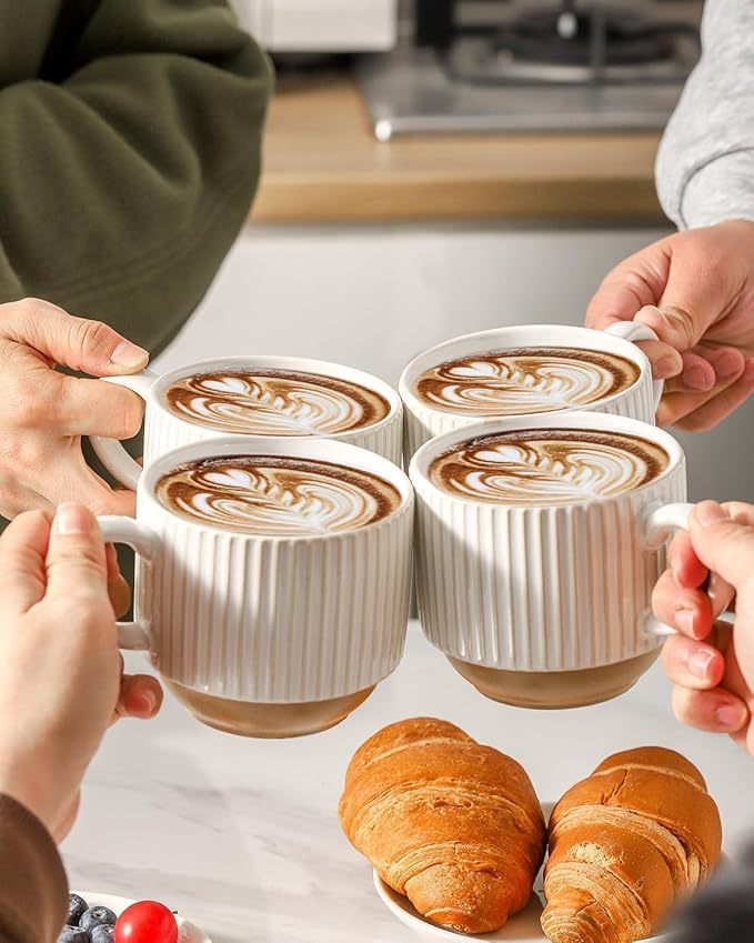 Ceramic Coffee Mugs with Stand,15 Oz Stackable Coffee Cups Set of 4 for Latte,Milk,Tea,Gift for Thanksgiving Christmas Housewarming,Dishwasher & Microwave Safe,White Patchwork Color