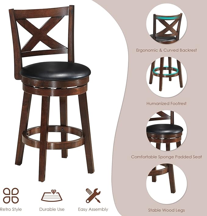 COSTWAY Bar Stools, Counter Height Dining Chair, Fabric Upholstered 360 Degree Swivel, PVC Cushioned Seat, Perfect for Dining and Living Room