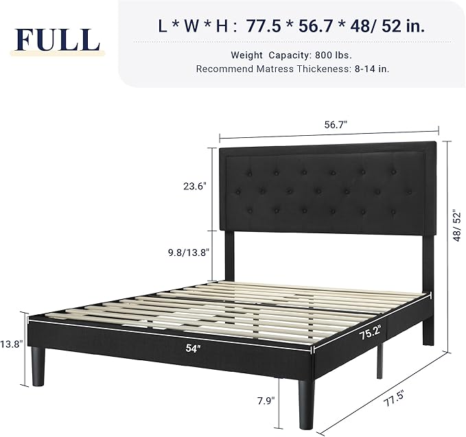 Allewie Full Size Upholstered Platform Bed Frame with Adjustable Headboard, Button Tufted, Wood Slat Support, Easy Assembly, Black