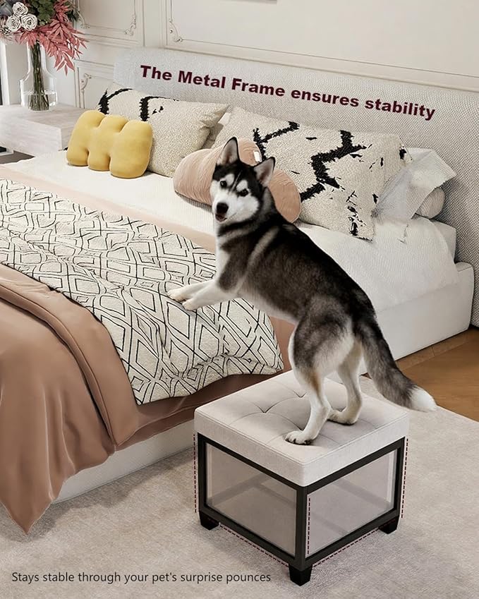 17.7 inches Chenille turfed Ottomans Cube with Legs, Metal-Framed Square Storage Ottoman Foot Rest Stool Holds 770 LB for Dorm Living Room Bedroom White UASND641W