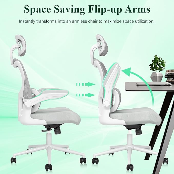 SUNNOW Ergonomic Office Chair, Comfy Mesh Desk Chair, High Back Computer Gaming Chairs with Adjustable Lumbar Support, Flip-Up Arms, Headrest, Tilt Function, Wide Cushion, Swivel Wheel, BIFMA Quality