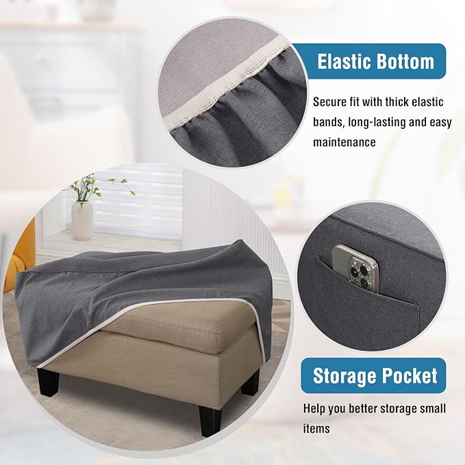 H.VERSAILTEX Ottoman Cover Slipcover Rectangle Fit Length 43"-44" Footrest Sofa Slipcovers Stool Cover Footstool Protector Covers Feature Thick Linen Look Fabric Removable Washable - Heather Grey
