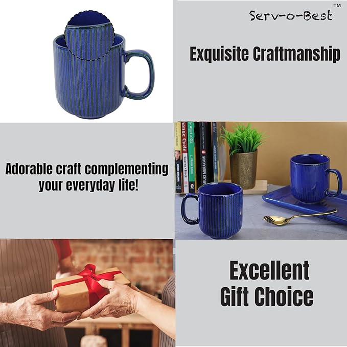 Ceramic Coffee Mugs with Handle Set – 2-Piece 11 Oz Ceramic Coffee Cups & 9" Tray, Handmade Midnight Blue Color, Microwave Safe Gift Set for Tea Lovers, Home Kitchen Décor