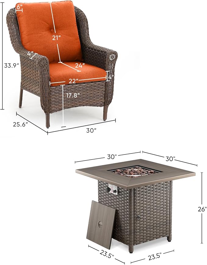 Outdoor Patio Chairs with Fire Pit Table 5 Piece Set - High Back Brown Wicker Rattan Lawn Chair with Thick Cushion for Porch Apartment Deck Yard Poolside Garden - Orange