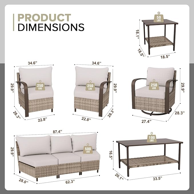COOS BAY Aurora Terrace Half-Moon Outdoor Furniture Set, Rattan Conversation Set with Swivel Rockers, Curved 5-Seat Sofa, Coffee Table & Side Table, Seats 7, Beige/Beige