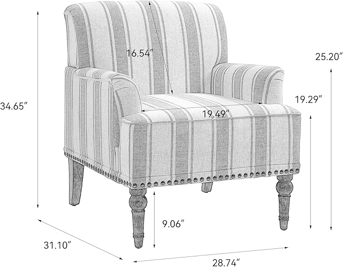 Pia Ricco Stripe Accent Chair-Modern Nailhead Trim & Wood Legs Armchair - Comfy Living Room, Bedroom, or Home Office Seating-Gary