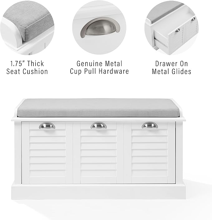 Crosley Furniture Ellison Entryway Storage Bench with Shoe Rack Organizer Drawer, White with Gray Cushion