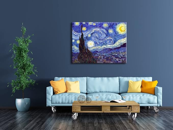 Wieco Art Large Starry Night by Van Gogh Classical Famous Artwork Modern Canvas Prints Blue Abstract Landscape Pictures Prints on Canvas Wall Art for Living Room Bedroom Home Decorations