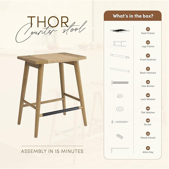 Thor Wicker Premium Solid Wood Counter Stool 24", Backless Counter Height Seating with Hand-Knitted Rope, Eco-Friendly Modern Design (Light Brown)