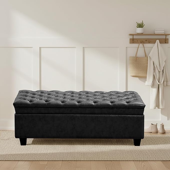 50" Faux Leather Storage Ottoman Bench, Rectangular End of Bed Storage Bench, Upholstered Large Tufted Ottoman with Storage for Living Room, Bedroom, Entryway,Black