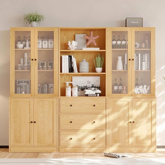 VOWNER Vertical File Cabinet, 3-Tier Modern Bookshelf with 3 Large Drawer, Wood Filing Cabinet with Open Storage Shelf, Glass Doors and Fixed Storage Shelves for Home Office, Wood