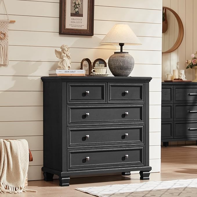 Farmhouse Bedroom Dresser and Nightstand Set of 4, 6 Drawer Low & 5 Drawers Dresser & 2 Drawer Nightstand Set, Rustic Wood Bedroom Furniture Set for Livingroom, Hallway, Black