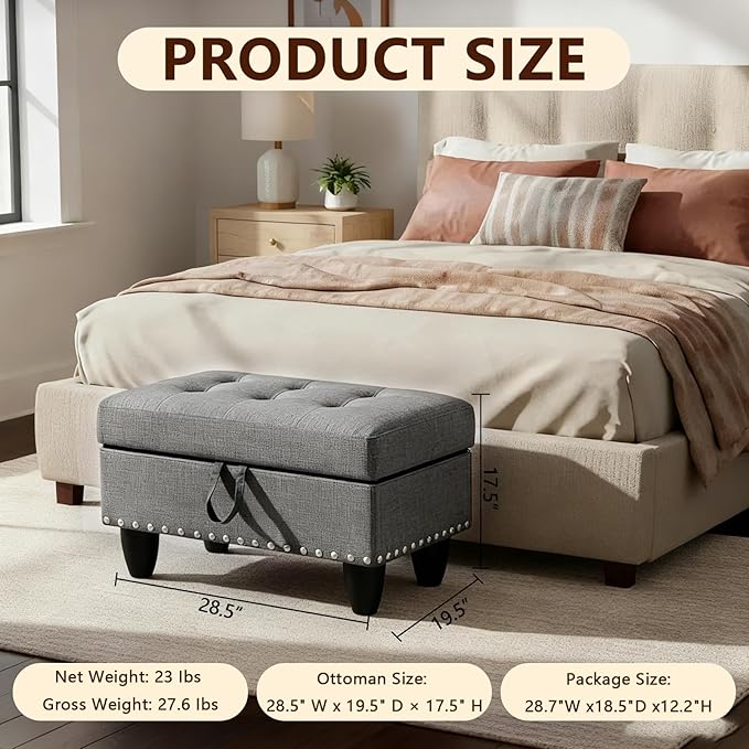 Linen Fabric Storage Ottoman with Nailhead Trim, 28.5"X19.5"X17.5" Footrest Stool, Hidden Storage Foot Stool for Living Room, Bedroom Furniture, Ash-Brown