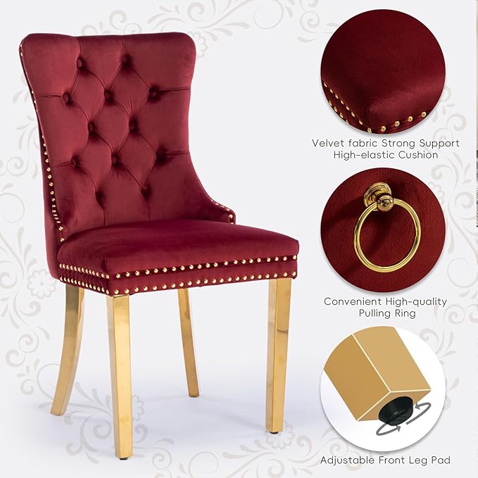Velvet Upholstered Dining Chairs Set of 8, Modern Style Kitchen Side Chairs with Nailhead Trim and Gold Plated Leg, Metal Pulling Ring for Dining Room Living Room(Wine Red-Gold Plated Leg)