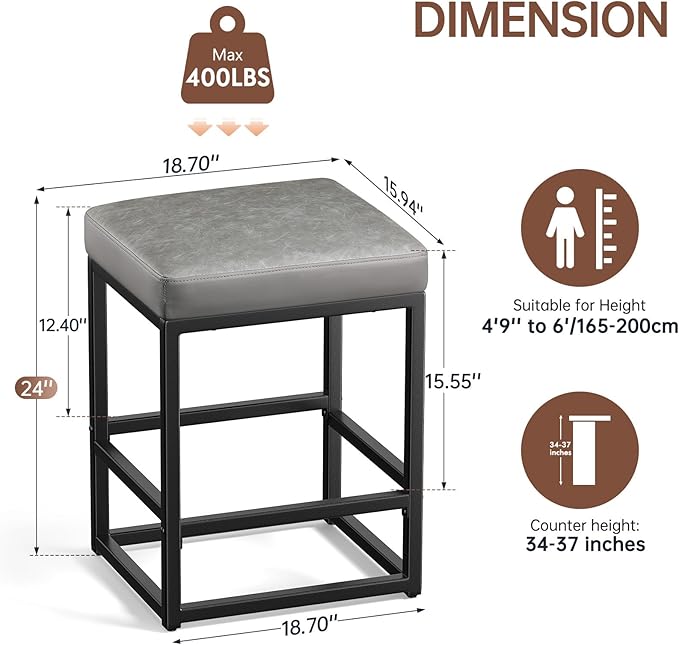Counter Height Bar Stools Set of 3, 24" Barstools for Kitchen Countertop, Faux Leather Counter Stools with Thick Square Seats & Sturdy Metal Base, Simple Assembly, Gray