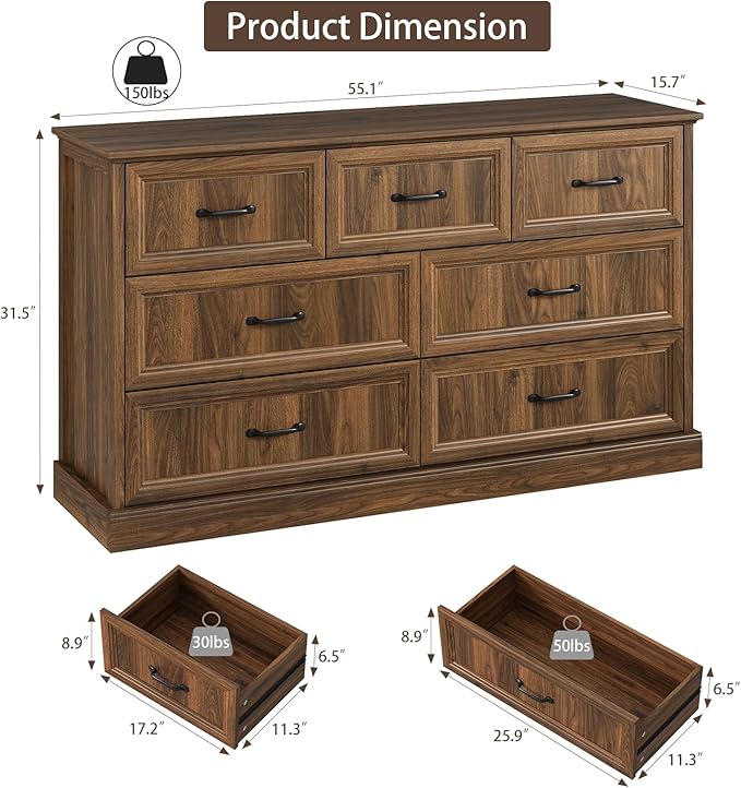 Farmhouse 7 Drawer Dresser for Bedroom, 55 Inch Wide Modern Walnut Dresser TV Stand with Large Drawers & Bar Handles, Rustic Wood Chest of Drawers for Bedroom, Living Room, Hallway, Entryway.