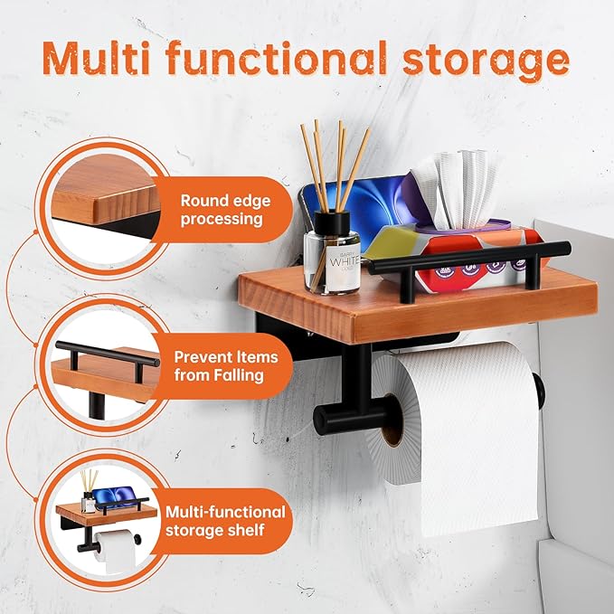 Toilet Paper Holder with Wood Shelf, Wall Mount Toilet Paper Roll Holder with Wooden Shelf and Matte Black Stainless Steel Pipe, Tissue Roll Holder for Bathroom Washroom (Light Brown, 7.9'' x 5.9'')