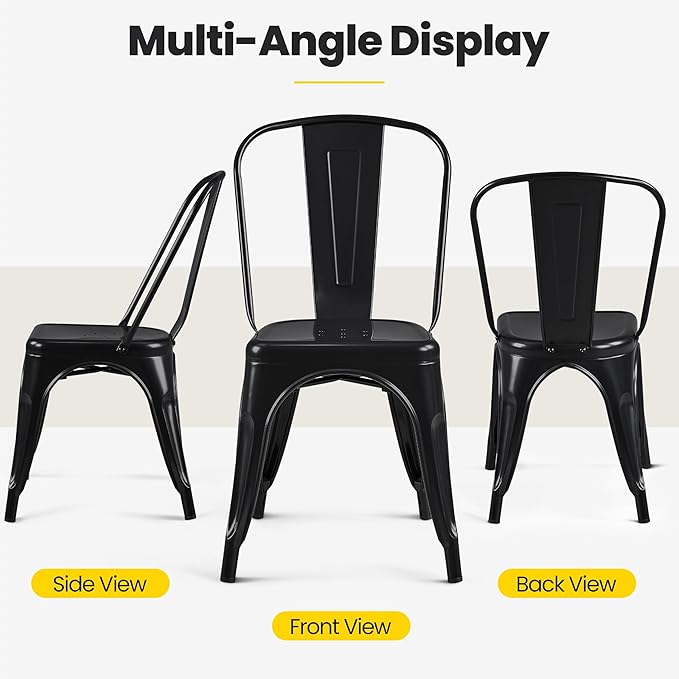 Yaheetech Metal Dining Chairs Set of 4, Industrial Stackable Kitchen Chairs with Back for Dining Room/Restaurant/Bistro/Patio, Indoor & Outdoor Use, Matte Black