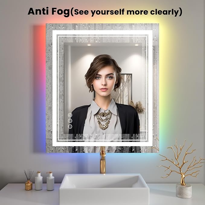 24x28 inch LED Bathroom Mirror with RGB Lights Color Changing Backlit Mirror Shatterproof Dimmable Anti-Fog Lighted Vanity Mirror (RGB Multicolor Backlit + Adjustable Front-Lighted)