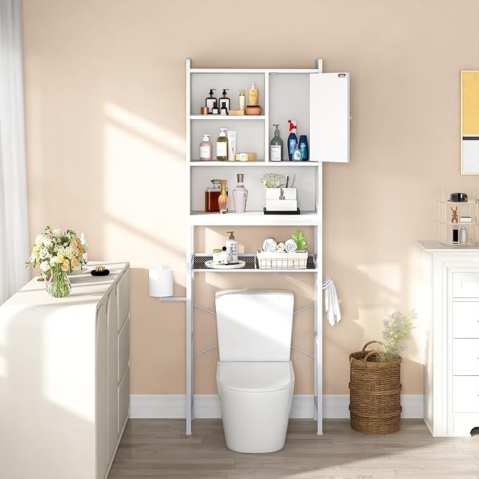 AWQM Over The Toilet Storage Cabinet, Bathroom Cabinet Organizer with Adjustable Shelf, Freestanding Space Saver Toilet Stands with Door, Paper Hook, Multifunctional Bathroom Toilet Rack, White