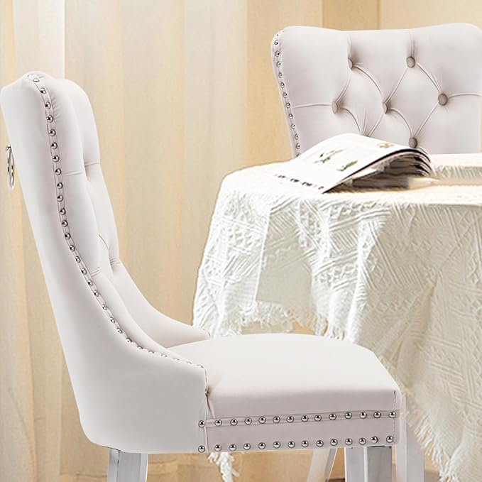 Velvet Upholstered Dining Chairs Set of 4, Modern Style Kitchen Side Chairs with Nailhead Trim and Silver Plated Leg, Metal Pulling Ring for Dining Room Living Room((Creamy White,Set of 4)