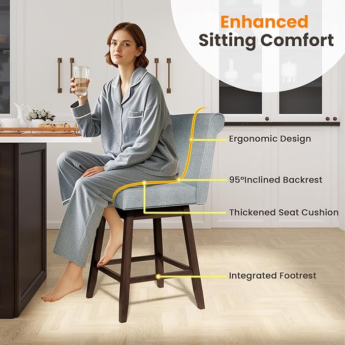 COSTWAY Swivel Bar Stools Set of 4, 27" Counter Height Bar Chairs with Rubber Wood Legs, Upholstered Linen Barstools with Back & Cushioned Seat, for Kitchen Island, Home, Pub, Grey
