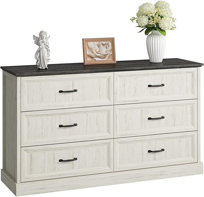 Farmhouse 6 Drawer Dresser for Bedroom, 55 Inch Wide Modern White Dresser TV Stand with Large Drawers & Bar Handles, Rustic Wood Chest of Drawers for Bedroom