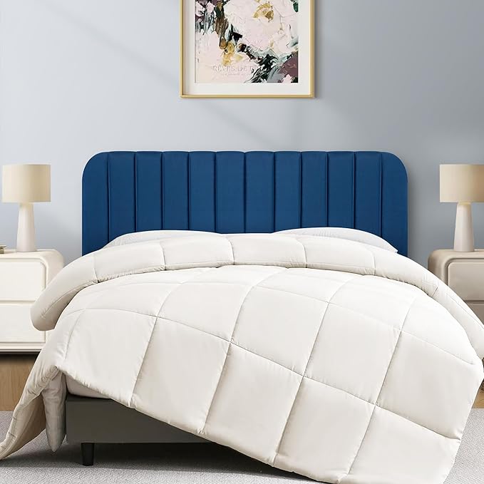 Upholstered Headboard - Striped Interval - Adjustable Height - Metal Legs - Bed Frame (Blue, King (U.S. Standard))