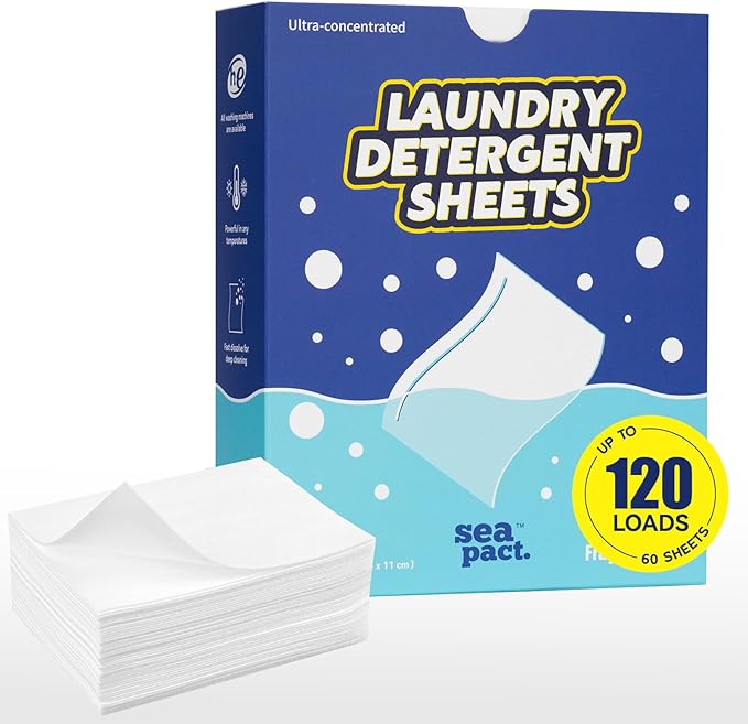Laundry Detergent Sheets 120 Loads, Plastic Free Eco Friendly, Stain-Fighting Enzymes, Unscented Laundry Sheets, Hypoallergenic, Fragrance Free, Space-Saving for Dorm House Travel 60 Ct