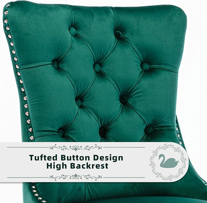 Velvet Upholstered Dining Chairs Set of 6, Modern Style Kitchen Side Chairs with Nailhead Trim and Wood Legs,Metal Pulling Ring for Dining Room Living Room(Green,Set of 6)